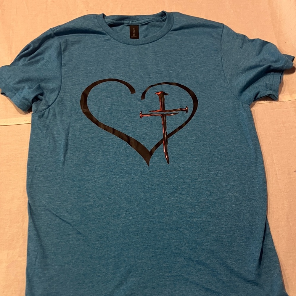 DYI Blue Tee with Heart and Cross Design